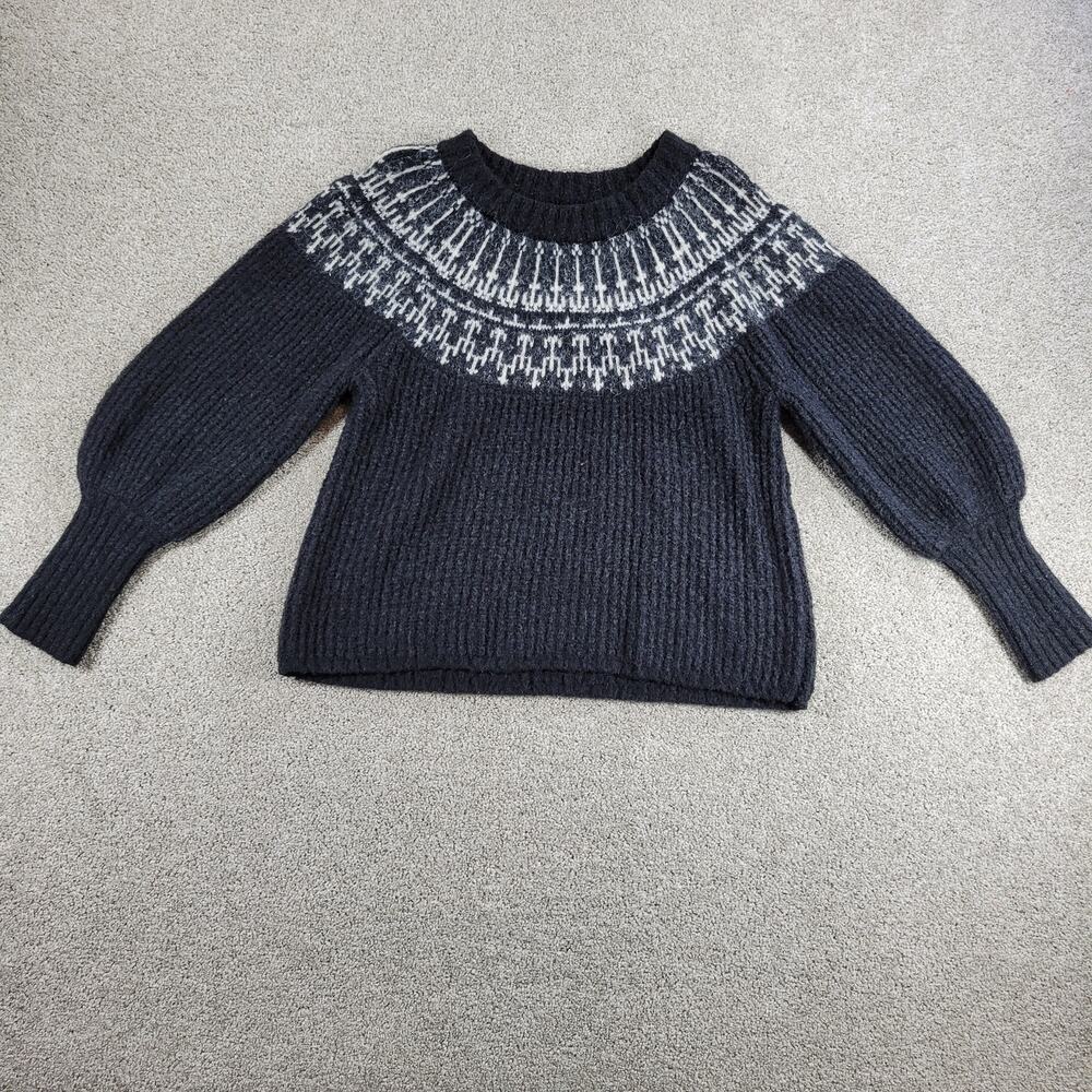 Universal Threads Womens Sweater L Black Fair Isle Thick Ribbed Balloon Sleeve